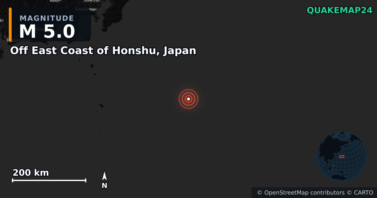 Terremoto de M5,0 cerca de Off East Coast of Honshu, Japan — Mapa de la ubicación del epicentro