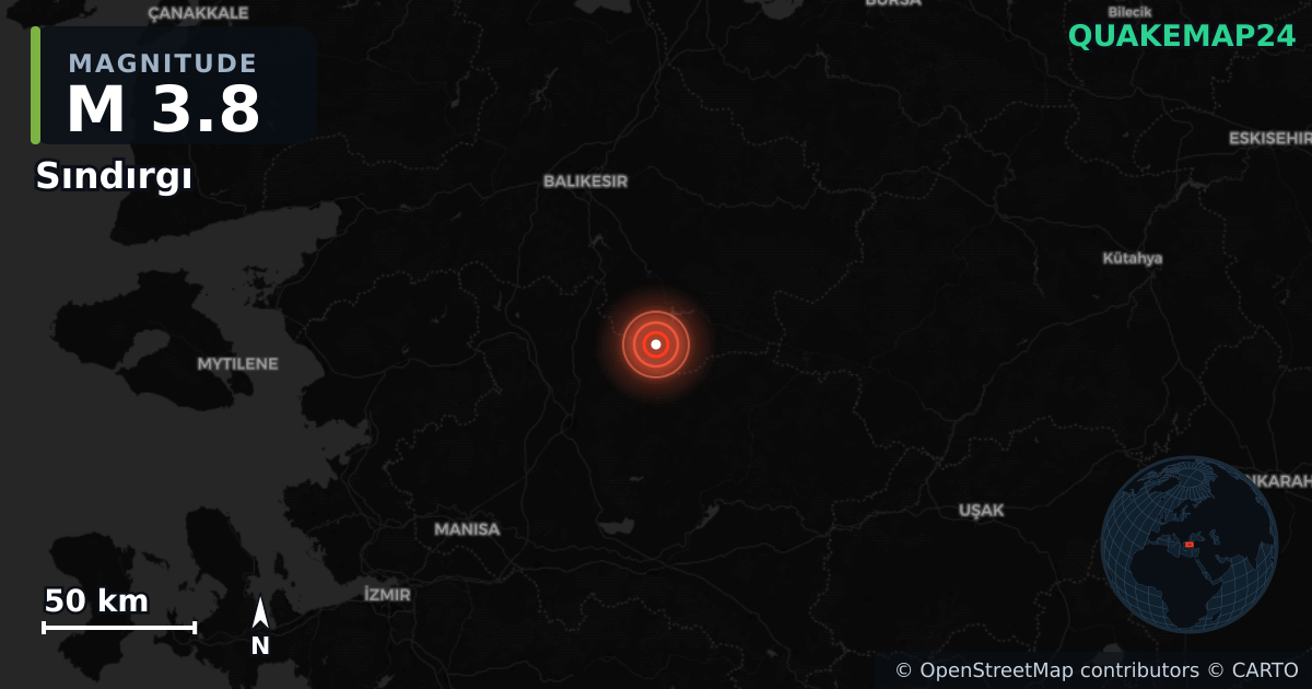 M3.8 earthquake near Sındırgı on Sep 3, 2025 — map of epicenter and shaking intensity | QuakeMap24