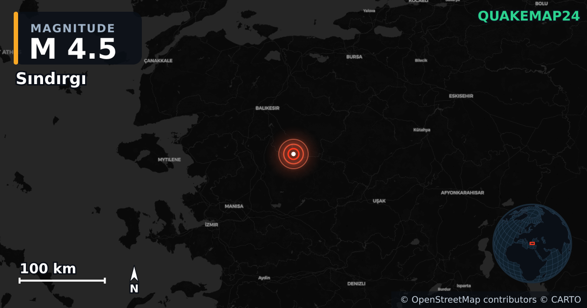 M4.5 earthquake near Sındırgı on Oct 28, 2025 — map of epicenter and shaking intensity | QuakeMap24
