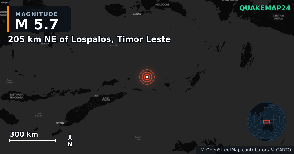 M5.7 earthquake near 205 km NE of Lospalos, Timor Leste on Apr 1, 2025 — map of epicenter and shaking intensity | QuakeMap24
