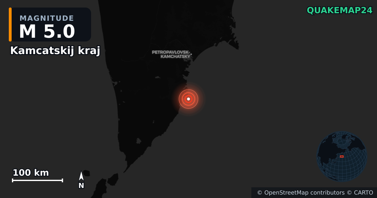 M5.0 earthquake near Kamcatskij kraj on Mar 2, 2026 — map of epicenter and shaking intensity | QuakeMap24