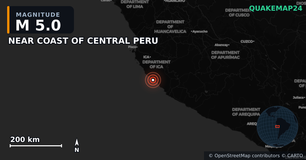 M5.0 earthquake near NEAR COAST OF CENTRAL PERU on May 28, 2025 — map of epicenter and shaking intensity | QuakeMap24