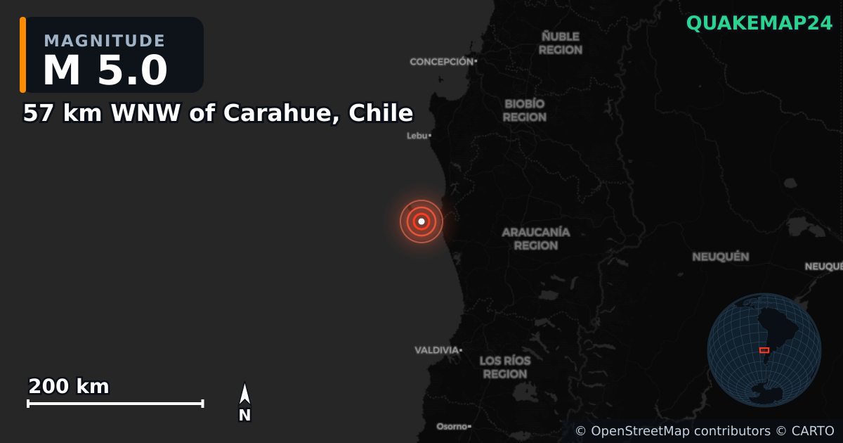 M5.0 earthquake near 57 km WNW of Carahue, Chile on Feb 16, 2025 — map of epicenter and shaking intensity | QuakeMap24