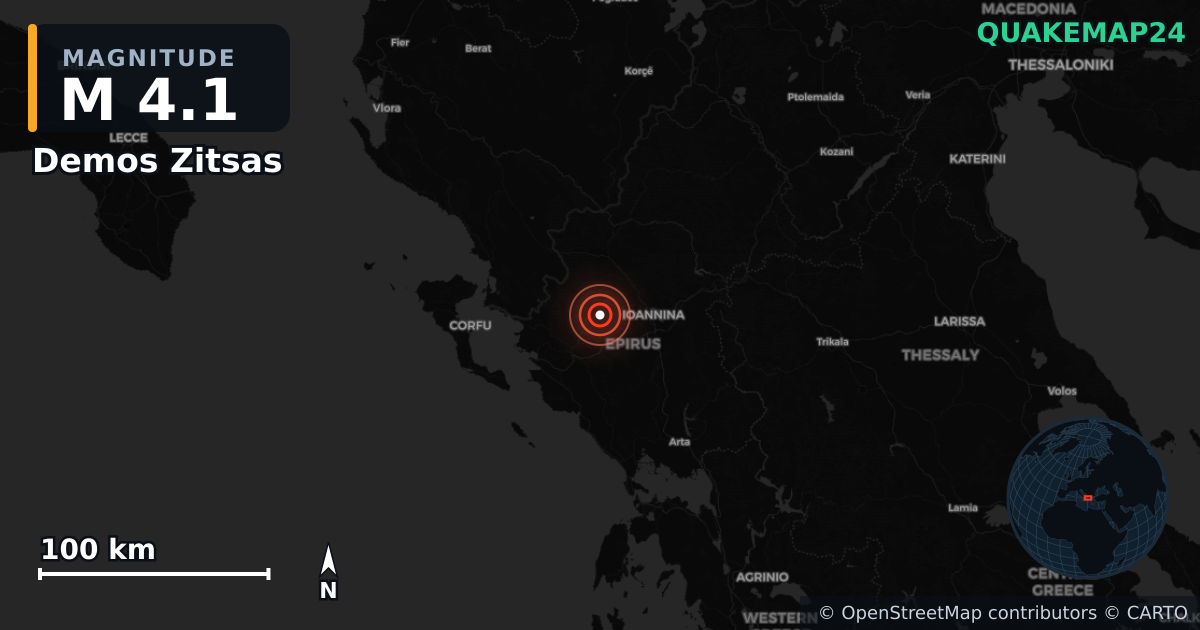 Sismo de M4,1 perto de Demos Zitsas, Periphereia Epeirou (Grécia) · 2026-04-04 — Mapa da localização do epicentro