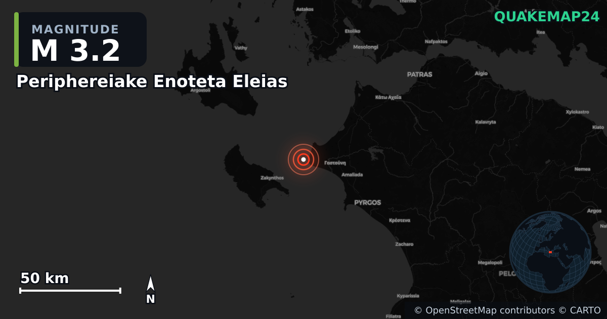 M3.2 earthquake near Periphereiake Enoteta Eleias on Feb 18, 2026 — map of epicenter and shaking intensity | QuakeMap24