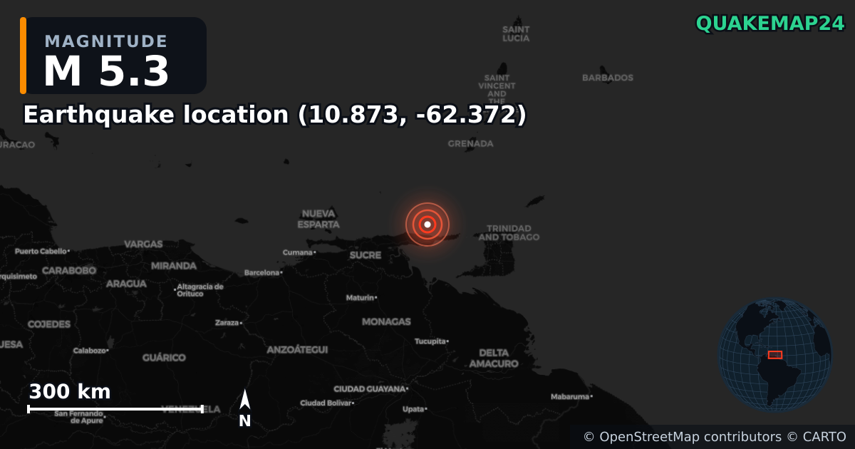 M5.3 earthquake near Erdbeben-Standort (10.873, -62.372) on May 12, 2025 — map of epicenter and shaking intensity | QuakeMap24