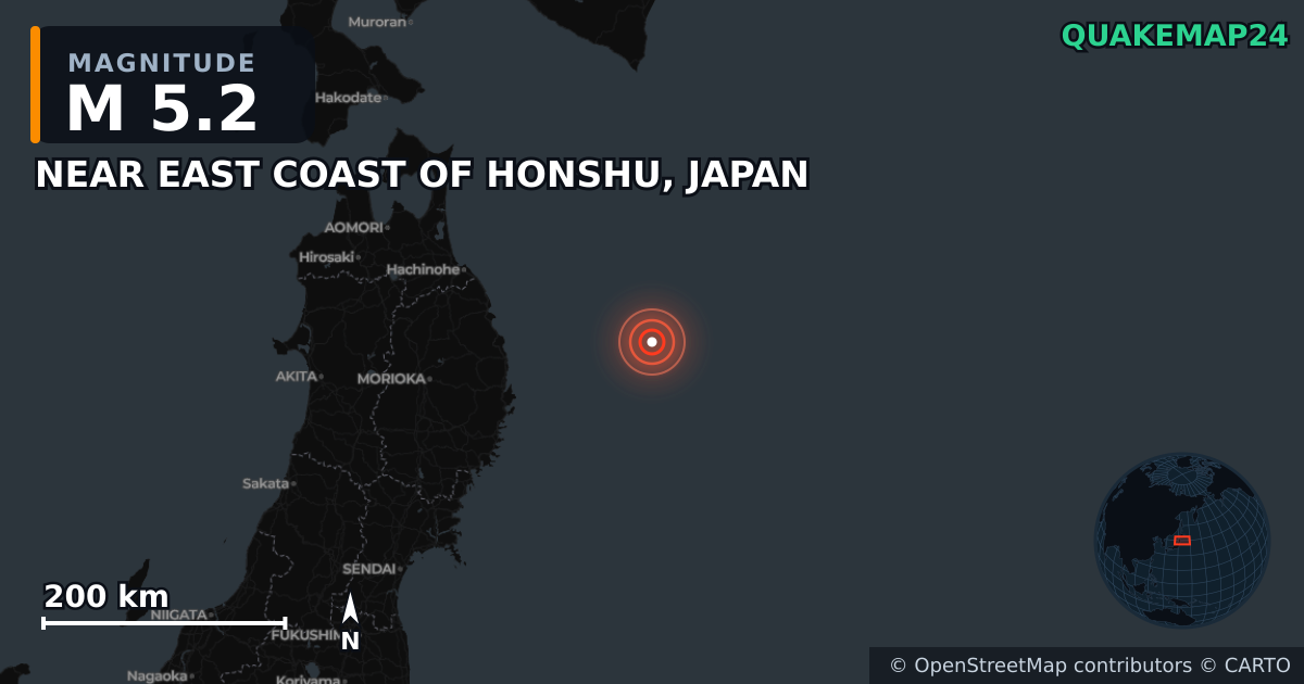 M5.2 Earthquake near NEAR EAST COAST OF HONSHU, JAPAN · 2026-04-20 — Map showing the location of the epicenter
