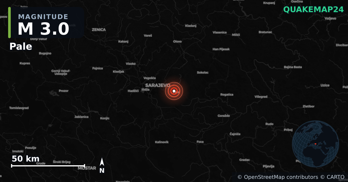 M3.0 earthquake near Pale on Apr 19, 2026 — map of epicenter and shaking intensity | QuakeMap24