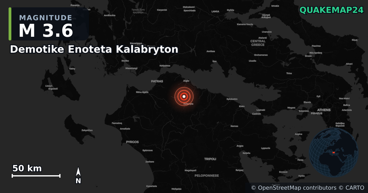 M3.6 earthquake near Demotike Enoteta Kalabryton on Feb 2, 2026 — map of epicenter and shaking intensity | QuakeMap24