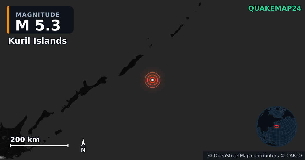 Erdbeben M5,3 bei Kuril Islands — Karte der Lage des Epizentrums