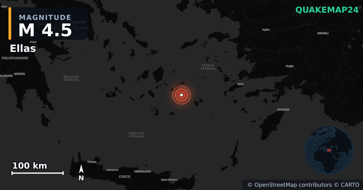 M4.5 earthquake near Ellas on May 29, 2026 — map of epicenter and shaking intensity | QuakeMap24