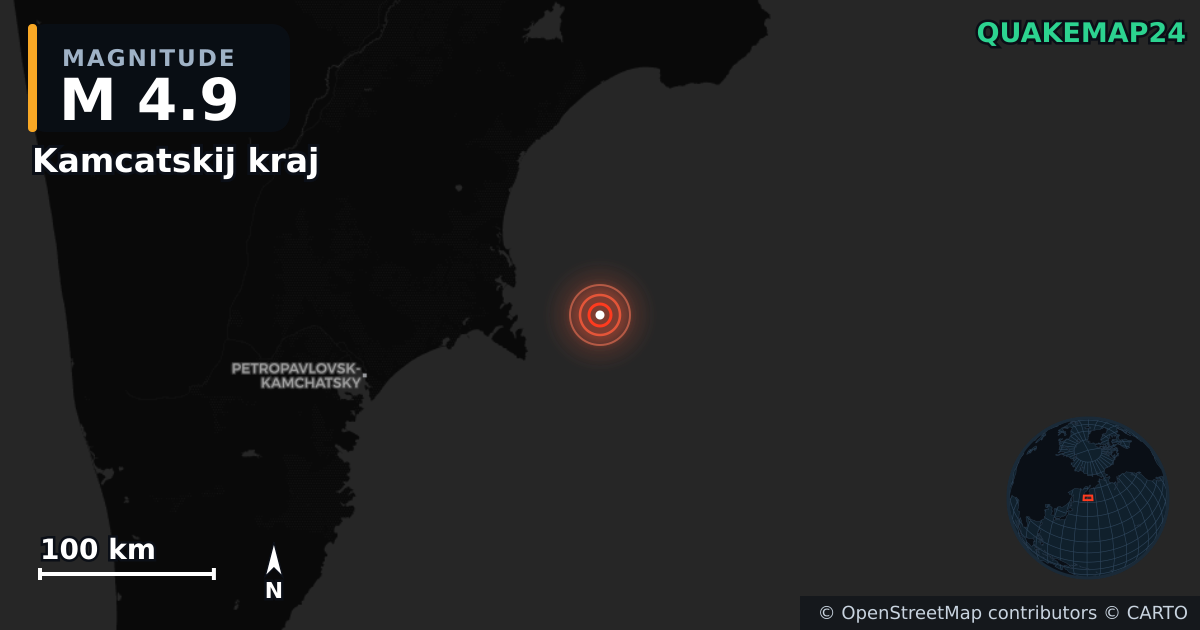 M4.9 earthquake near Kamcatskij kraj on Sep 18, 2025 — map of epicenter and shaking intensity | QuakeMap24