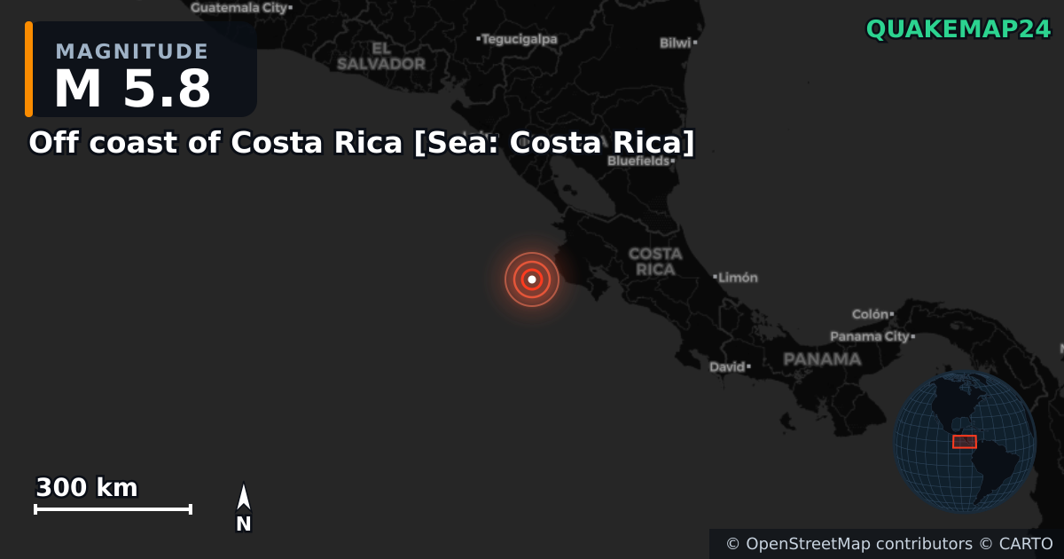 M5.8 earthquake near Off coast of Costa Rica [Sea: Costa Rica] on Apr 15, 2026 — map of epicenter and shaking intensity | QuakeMap24