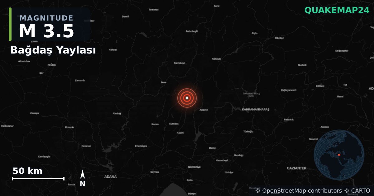 M3.5 earthquake near Bağdaş Yaylası on Aug 18, 2025 — map of epicenter and shaking intensity | QuakeMap24