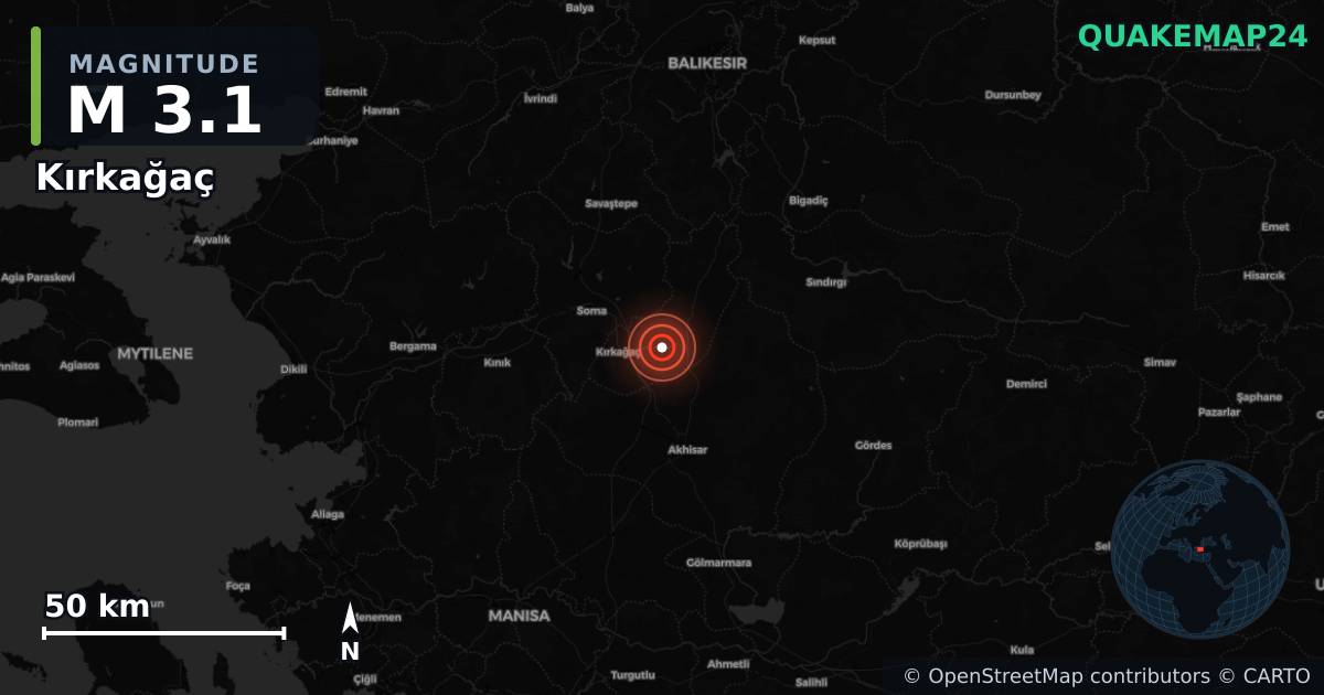 M3.1 earthquake near Kırkağaç on Aug 17, 2025 — map of epicenter and shaking intensity | QuakeMap24