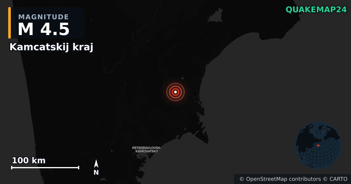 M4.5 earthquake near Kamcatskij kraj on Jun 9, 2025 — map of epicenter and shaking intensity | QuakeMap24