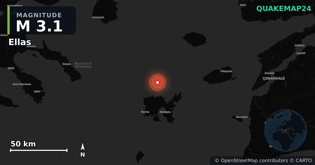 M3.1 earthquake near Ellas on Jan 19, 2026 — map of epicenter and shaking intensity | QuakeMap24