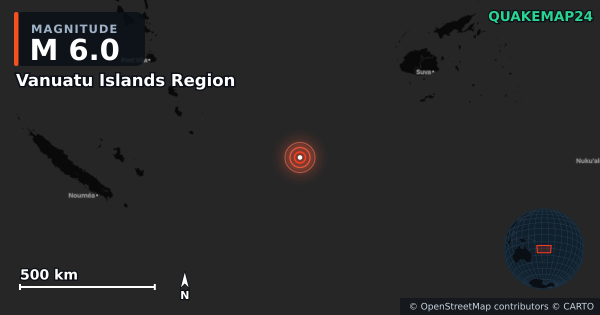 M6.0 Earthquake near Vanuatu Islands Region · 2025-09-08 — Map showing the location of the epicenter