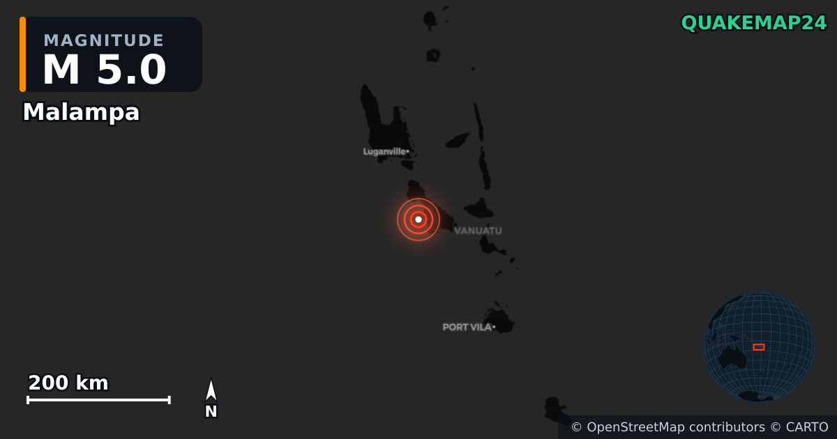 M5.0 earthquake near Malampa on Sep 12, 2025 — map of epicenter and shaking intensity | QuakeMap24