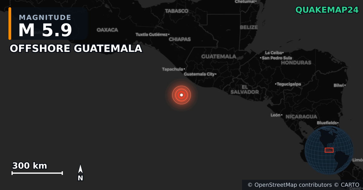 M5.9 earthquake near OFFSHORE GUATEMALA on Aug 9, 2025 — map of epicenter and shaking intensity | QuakeMap24