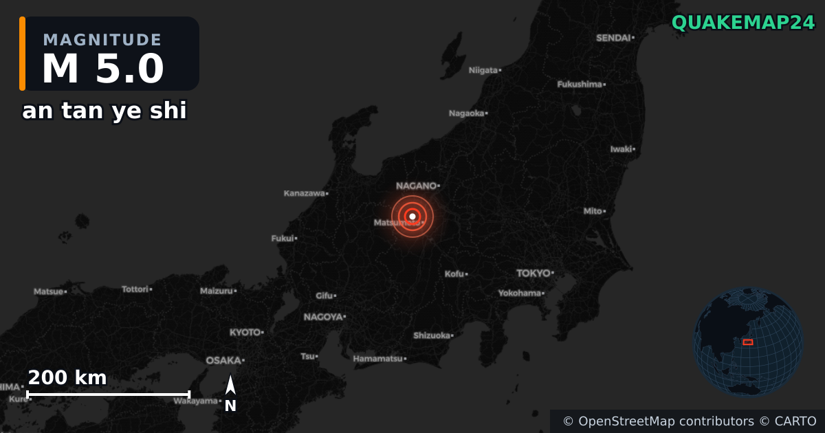 M5.0 earthquake near an tan ye shi on Jan 15, 2026 — map of epicenter and shaking intensity | QuakeMap24