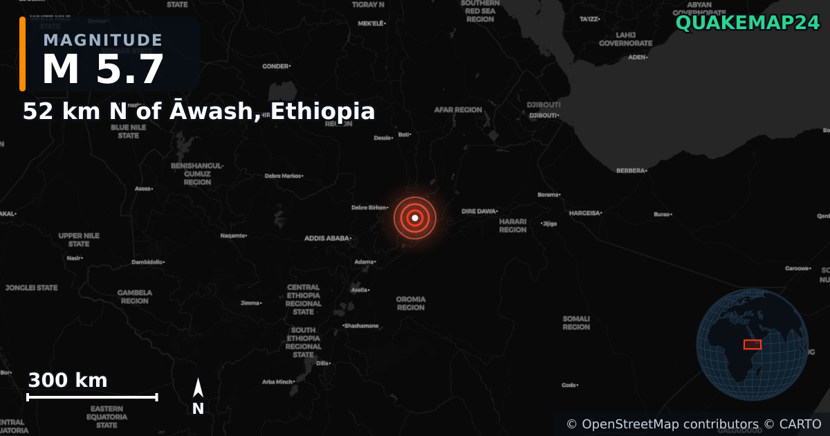 M5.7 earthquake near 52 km N of Āwash, Ethiopia on Jan 4, 2025 — map of epicenter and shaking intensity | QuakeMap24