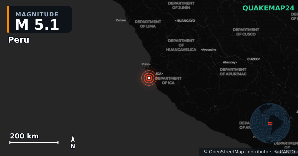 M5.1 earthquake near Peru on Jan 28, 2025 — map of epicenter and shaking intensity | QuakeMap24