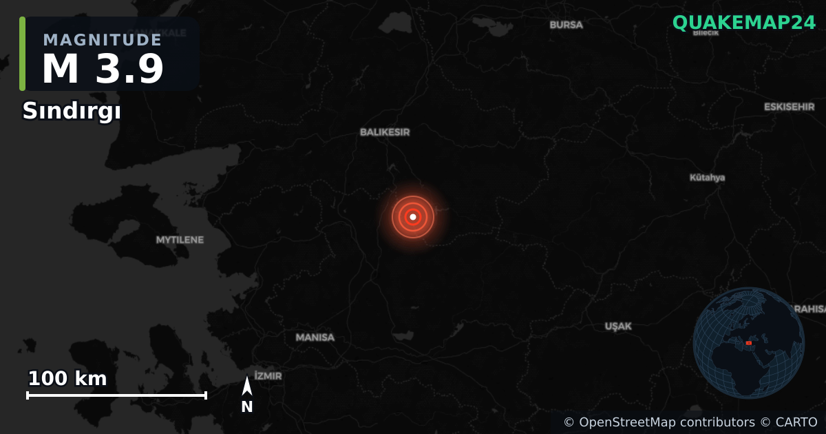 M3.9 earthquake near Sındırgı on Aug 10, 2025 — map of epicenter and shaking intensity | QuakeMap24