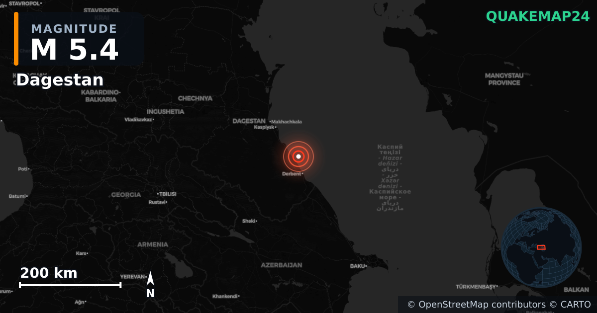 M5.4 earthquake near Dagestan on Aug 26, 2025 — map of epicenter and shaking intensity | QuakeMap24