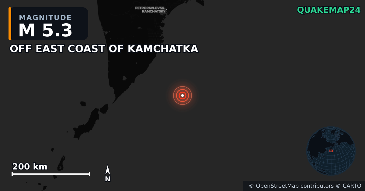 M5.3 earthquake near OFF EAST COAST OF KAMCHATKA on Jul 30, 2025 — map of epicenter and shaking intensity | QuakeMap24