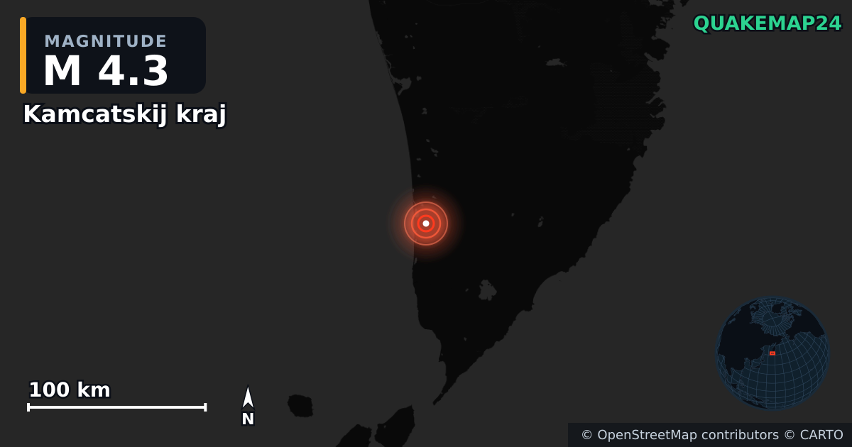 M4.3 earthquake near Kamcatskij kraj on Jun 5, 2025 — map of epicenter and shaking intensity | QuakeMap24