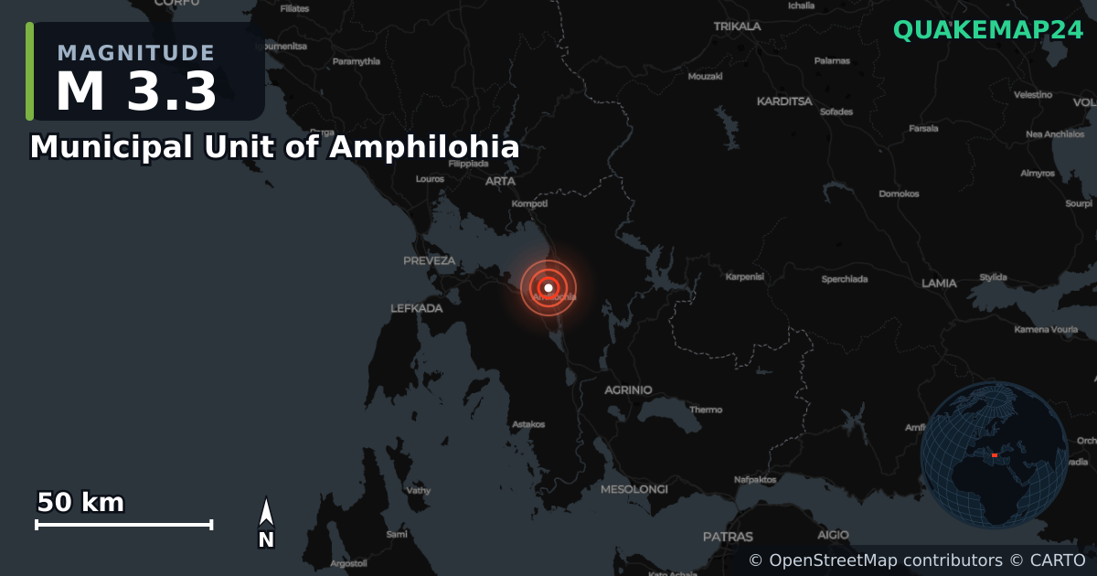 Σεισμός M3,3 κοντά στο Municipal Unit of Amphilohia, Western Greece (Ελλάδα) · 2026-10-17 — Χάρτης της θέσης του επικέντρου