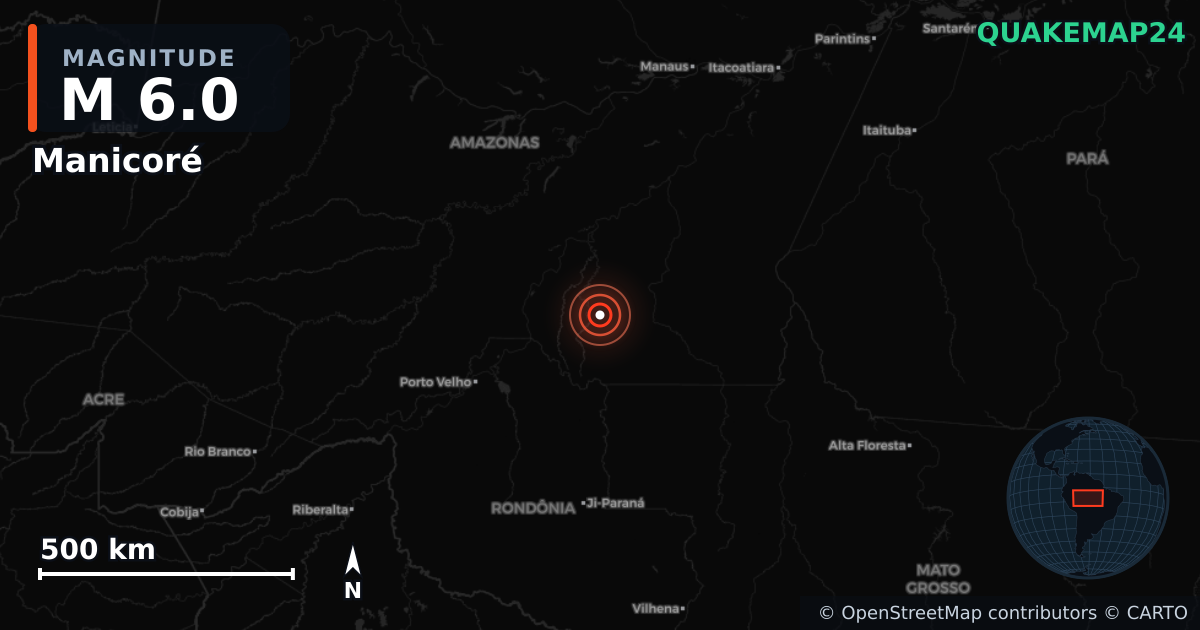 M6.0 earthquake near Manicoré on Feb 22, 2026 — map of epicenter and shaking intensity | QuakeMap24