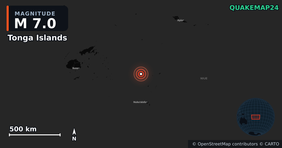 M7.0 earthquake near Tonga Islands on Mar 24, 2026 — map of epicenter and shaking intensity | QuakeMap24