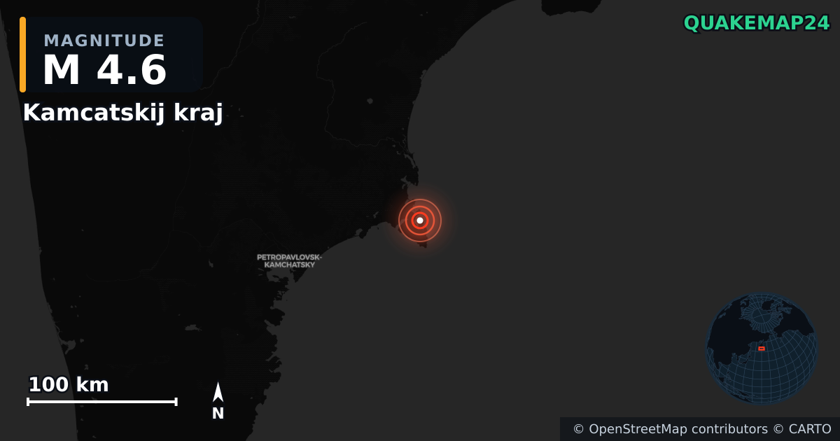 M4.6 earthquake near Kamcatskij kraj on Sep 15, 2025 — map of epicenter and shaking intensity | QuakeMap24