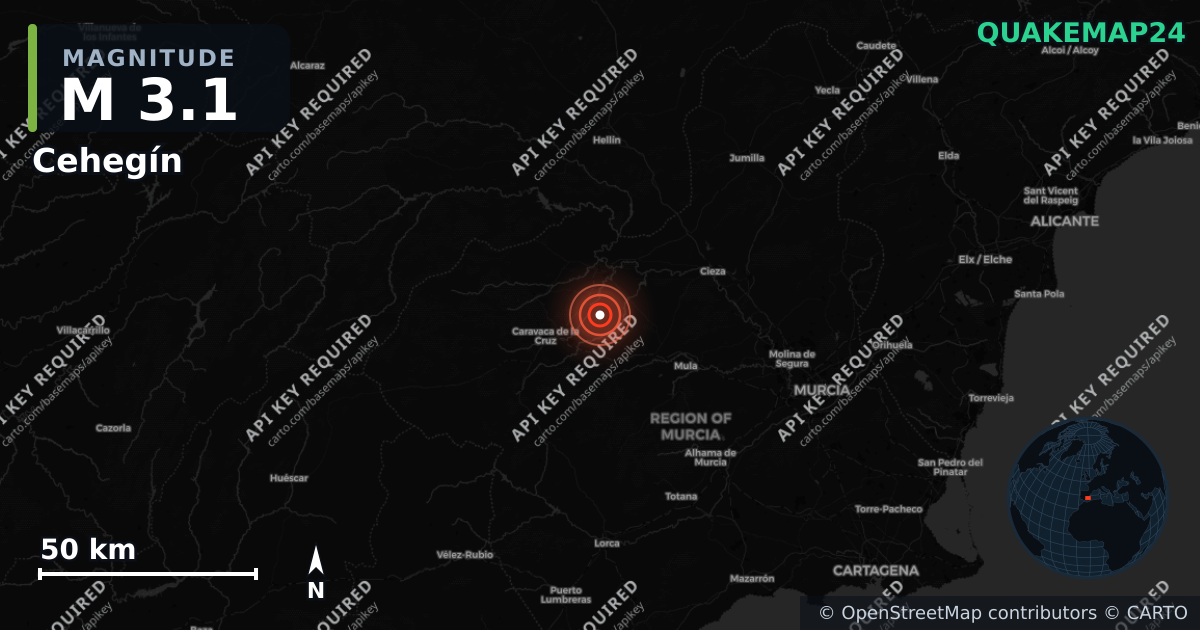 M3.1 earthquake near Cehegín on Aug 28, 2026 — map of epicenter and shaking intensity | QuakeMap24