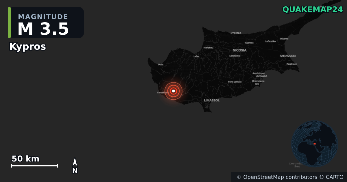 M3.5 earthquake near Kypros on Dec 23, 2025 — map of epicenter and shaking intensity | QuakeMap24