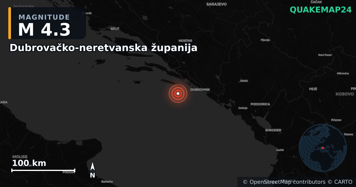 M4.3 earthquake near Dubrovačko-neretvanska županija on Dec 17, 2025 — map of epicenter and shaking intensity | QuakeMap24