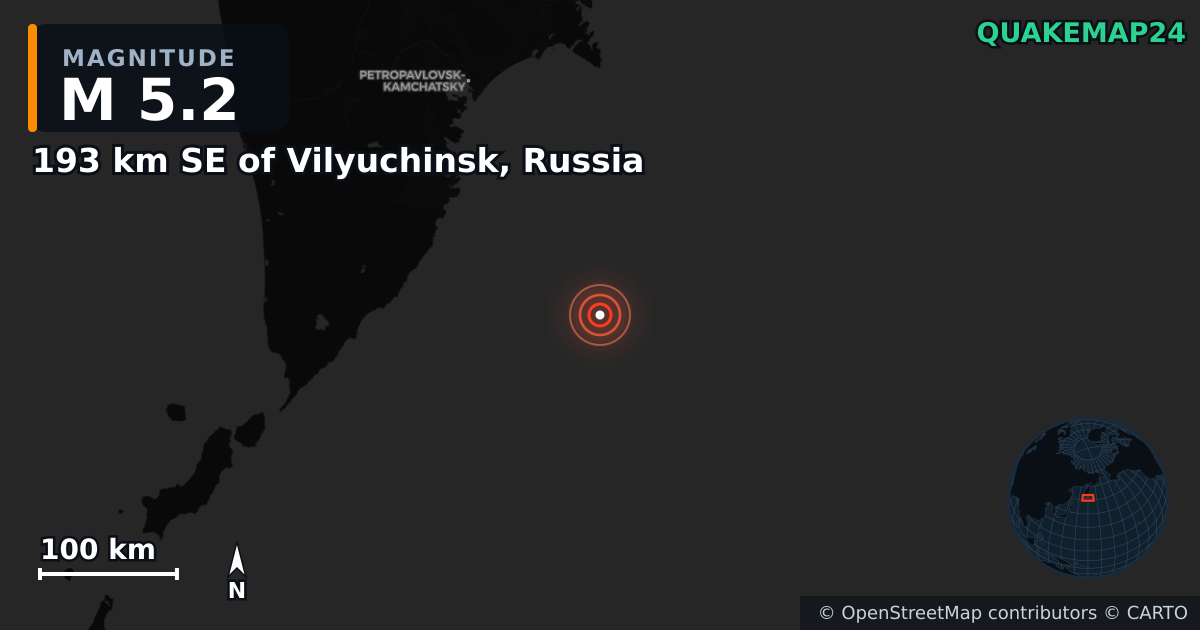M5.2 earthquake near 193 km SE of Vilyuchinsk, Russia on Aug 13, 2025 — map of epicenter and shaking intensity | QuakeMap24