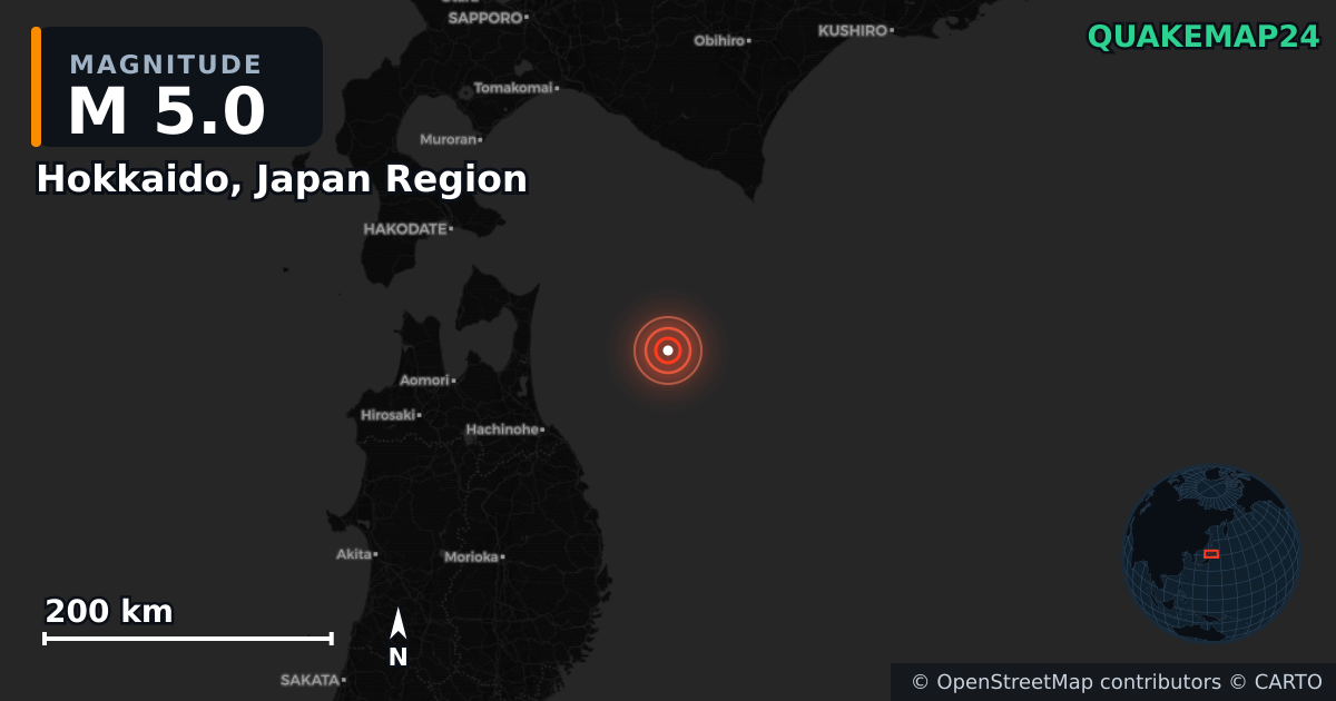 M5.0 earthquake near Hokkaido, Japan Region on Nov 18, 2025 — map of epicenter and shaking intensity | QuakeMap24