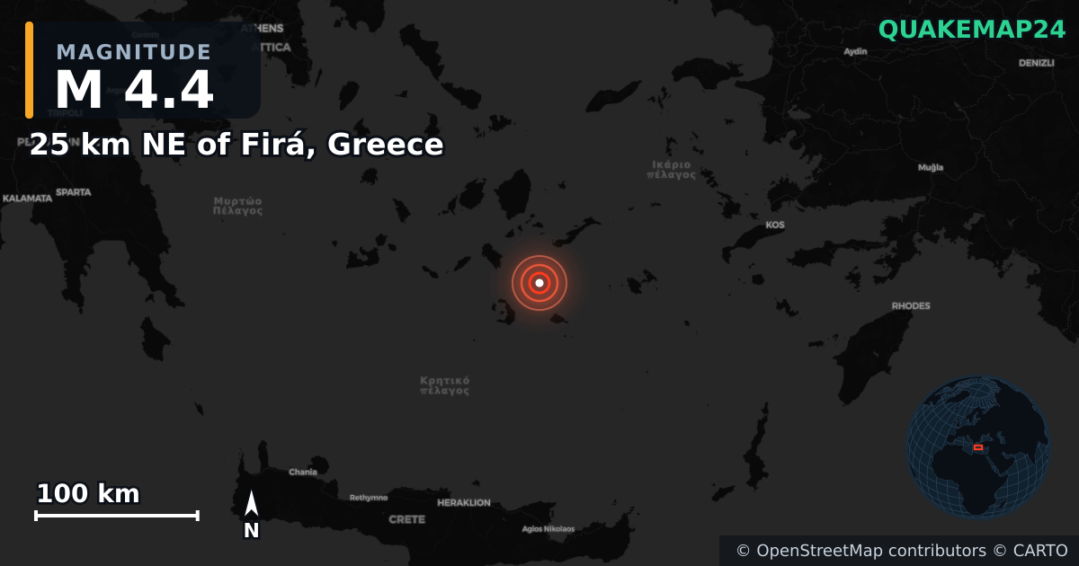 M4.4 earthquake near 25 km NE of Firá, Greece on Feb 5, 2025 — map of epicenter and shaking intensity | QuakeMap24