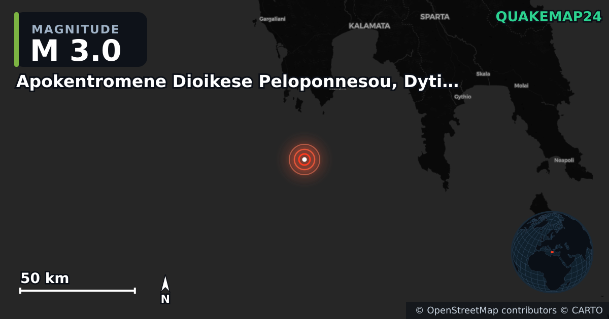 M3.0 earthquake near Apokentromene Dioikese Peloponnesou, Dytikes Elladas kai Ioniou on Oct 31, 2025 — map of epicenter and shaking intensity | QuakeMap24