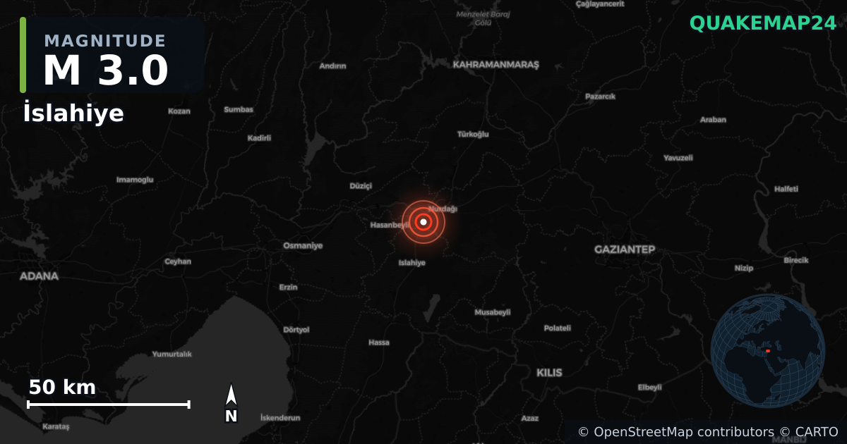 M3.0 earthquake near İslahiye on Aug 16, 2026 — map of epicenter and shaking intensity | QuakeMap24