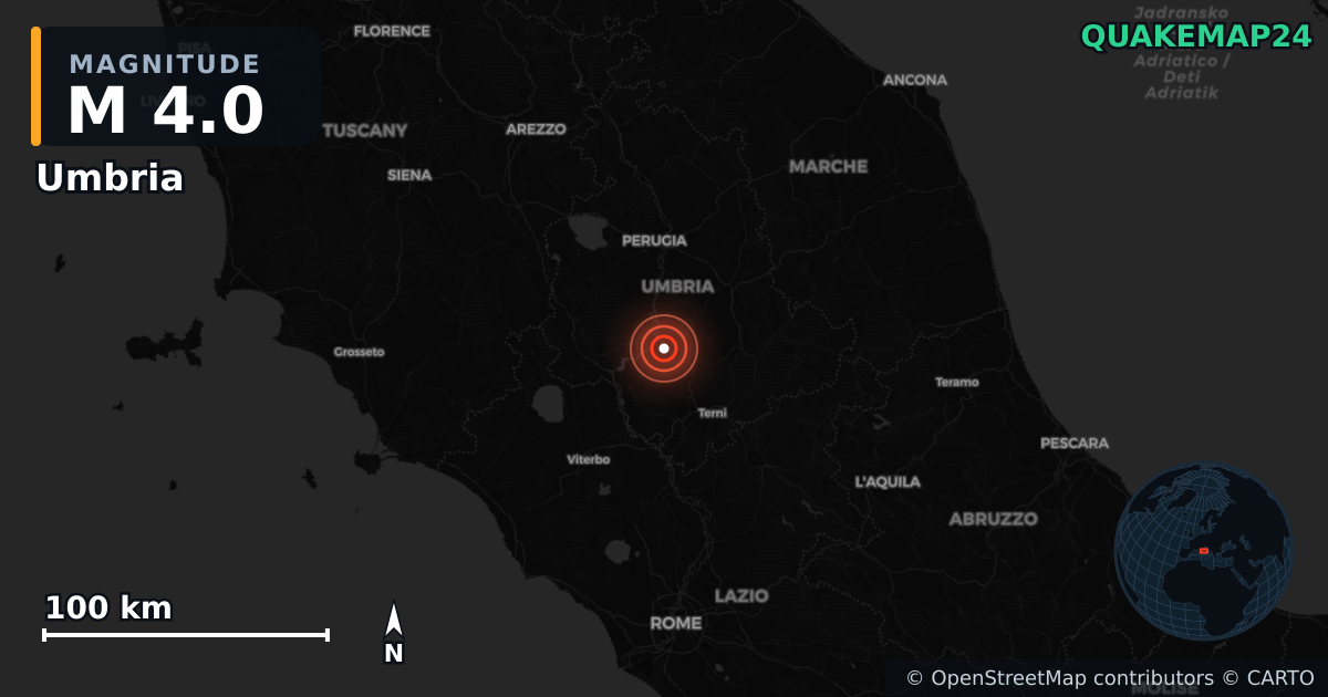 M4.0 earthquake near Umbria on Sep 20, 2025 — map of epicenter and shaking intensity | QuakeMap24