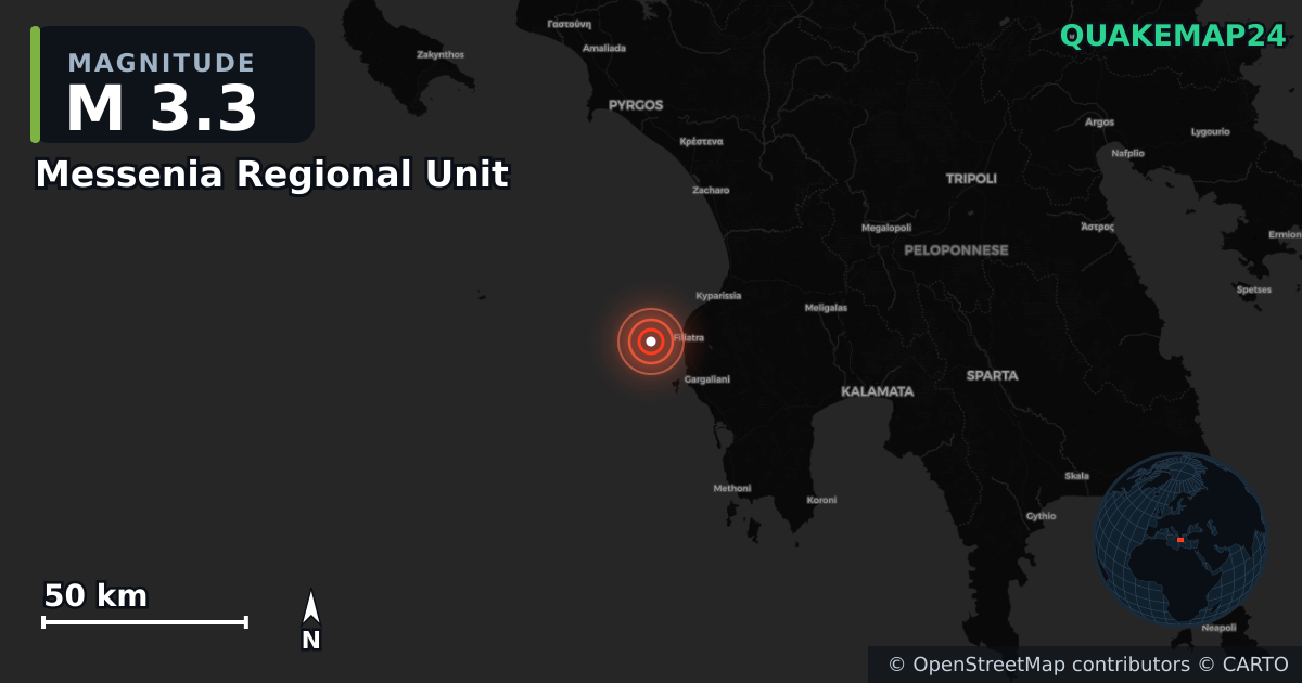 M3.3 earthquake near Messenia Regional Unit on Jul 29, 2026 — map of epicenter and shaking intensity | QuakeMap24