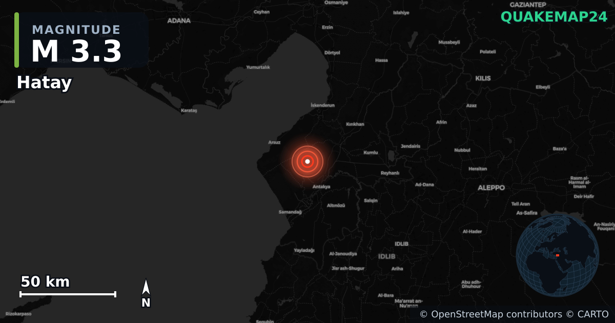 M3.3 earthquake near Hatay on Jan 22, 2026 — map of epicenter and shaking intensity | QuakeMap24