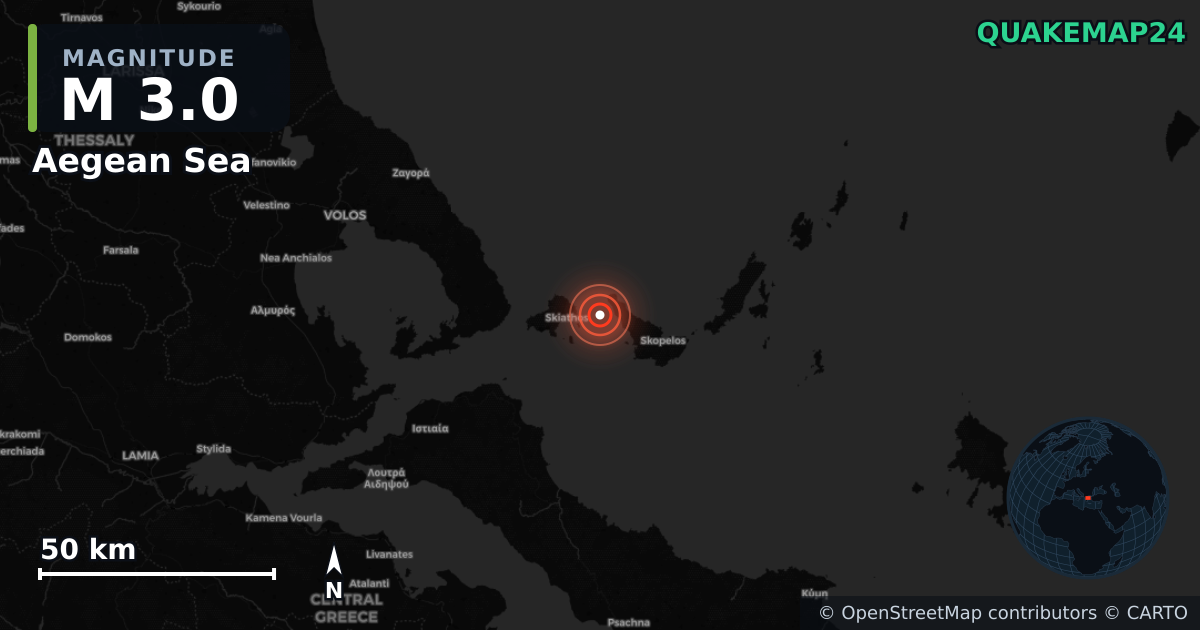 M3.0 earthquake near Aegean Sea on Apr 28, 2026 — map of epicenter and shaking intensity | QuakeMap24