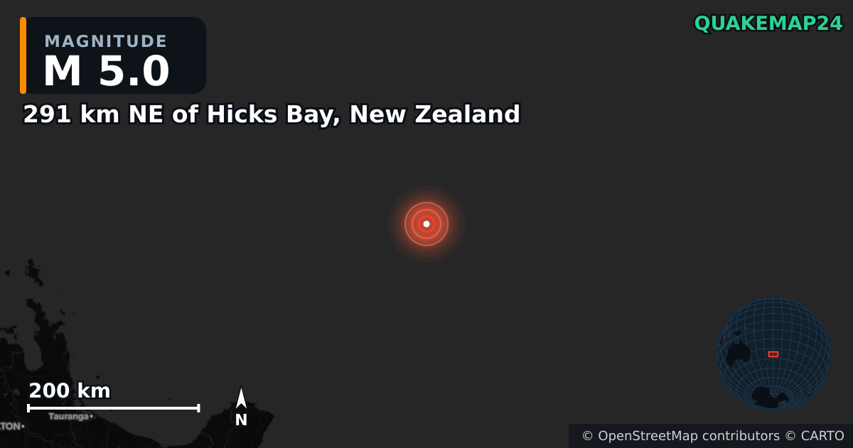 M5.0 earthquake near 291 km NE of Hicks Bay, New Zealand on Oct 24, 2025 — map of epicenter and shaking intensity | QuakeMap24