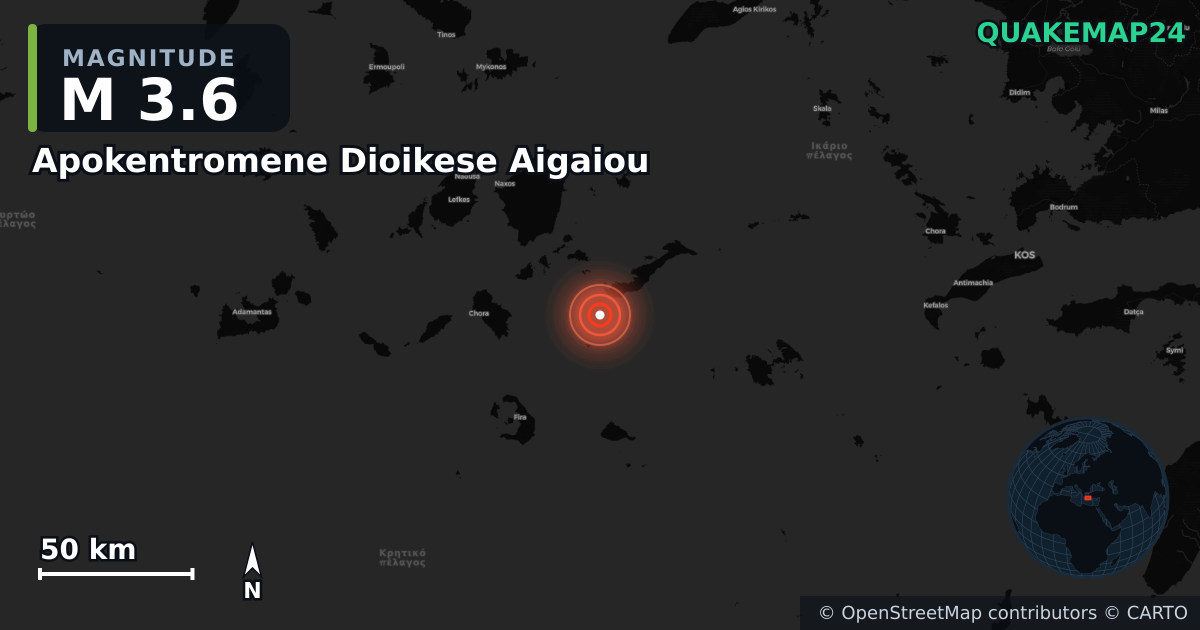 M3.6 earthquake near Apokentromene Dioikese Aigaiou on Dec 24, 2025 — map of epicenter and shaking intensity | QuakeMap24