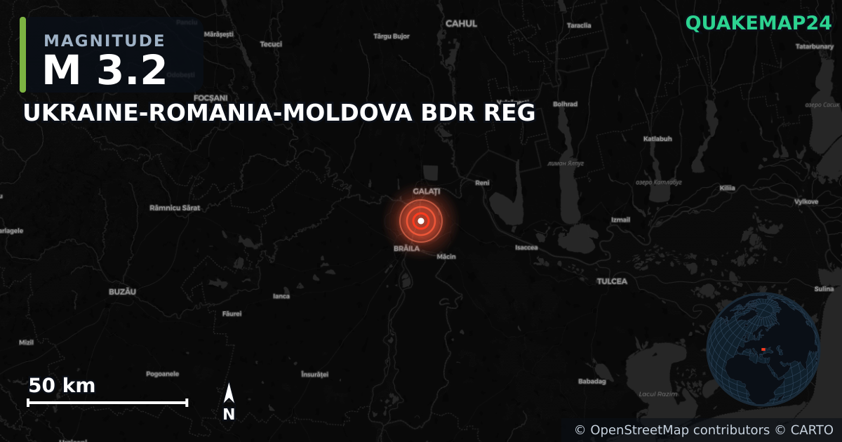M3.2 earthquake near UKRAINE-ROMANIA-MOLDOVA BDR REG on Oct 20, 2025 — map of epicenter and shaking intensity | QuakeMap24